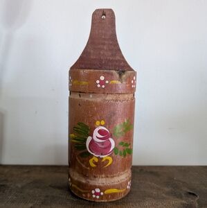 Vintage Wooden Wall Pocket Plaque Matchstick Holder Floral Design Wood Cottage